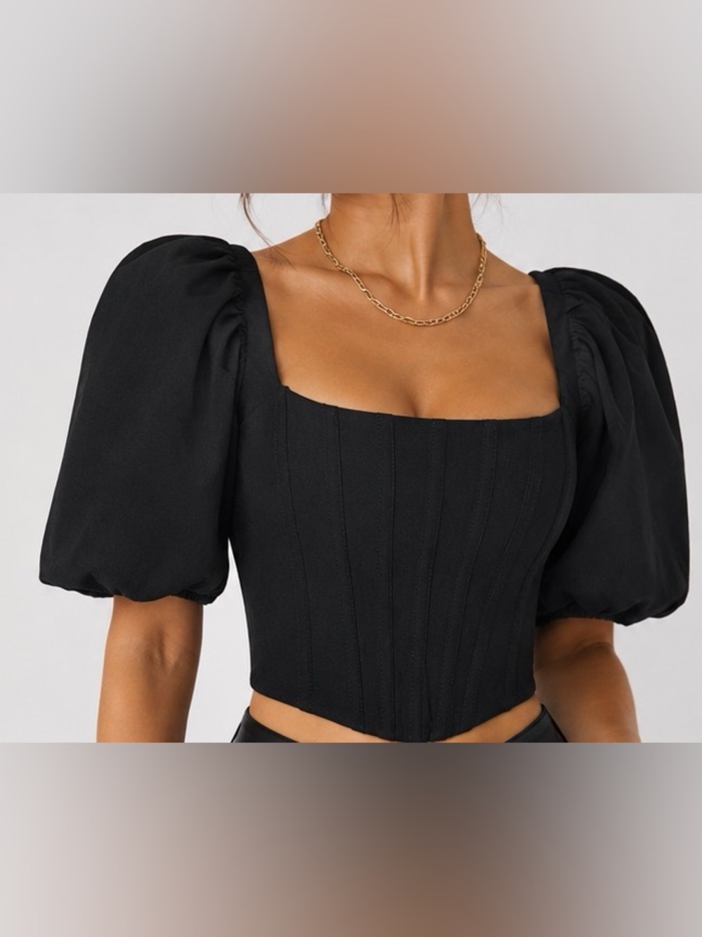 Bardot Black Corset Top Puff Sleeve Square Neck Zip Back Size M